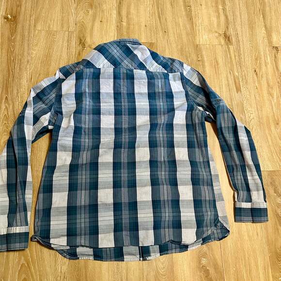 ROCK & REPUBLIC Stretch Teal Gray Plaid Button Down Shirt Roll Tab Sleeve - Picture 8 of 8